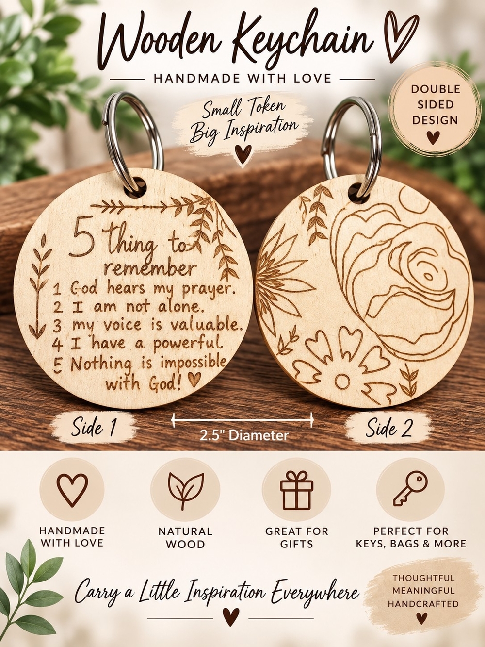 A180. Handmade Wooden Keychain Engraved Beige & Brown